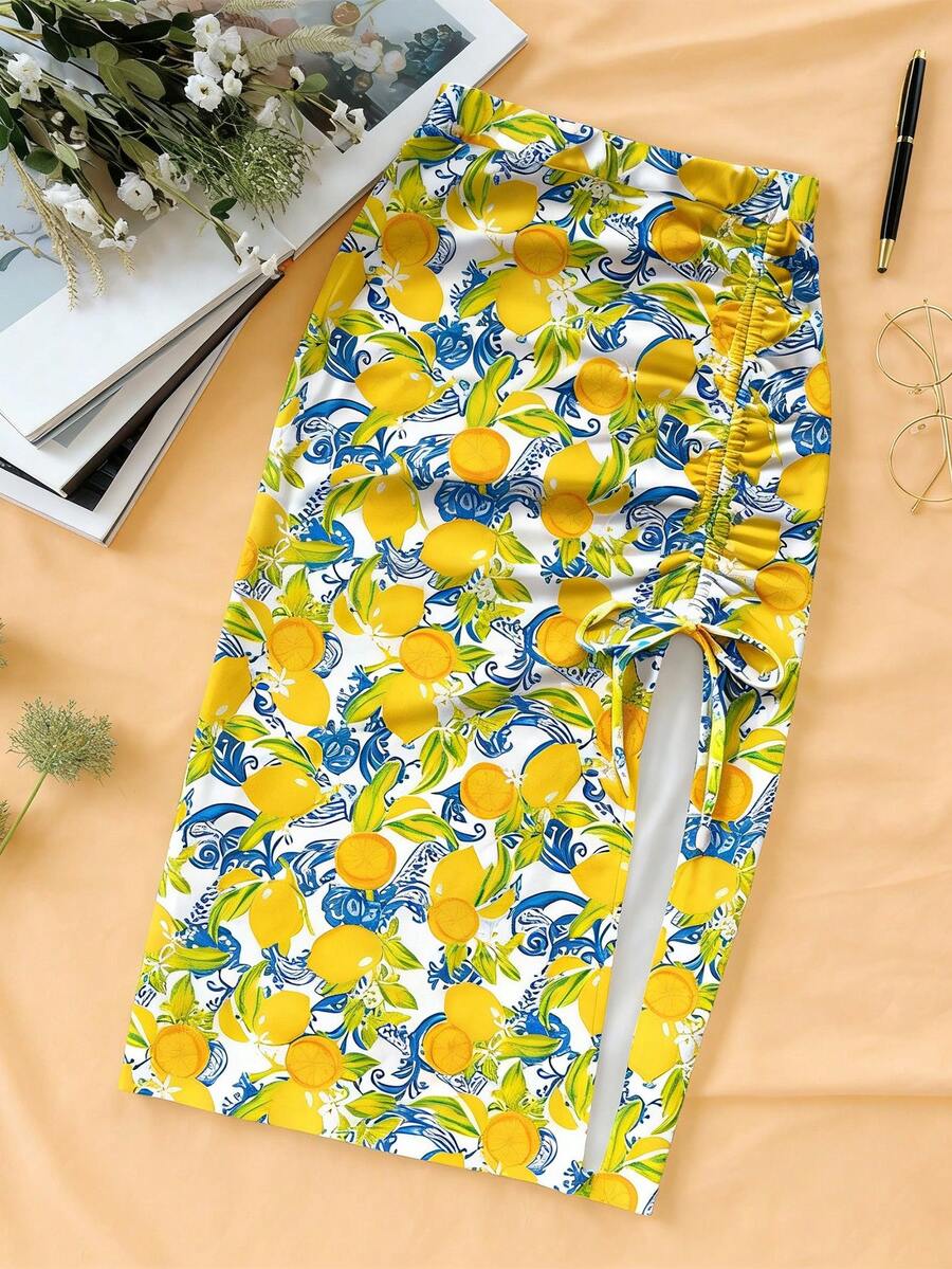 女士花卉、植物、柠檬印花波西米亚风抽绳腰半身裙，夏季套装 - 黃色 - 查看 1