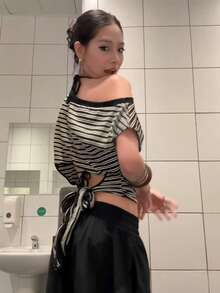 复古美式宽松黑白条纹露肩短袖T恤，露背性感百搭夏季女式上衣 - 黑色 - 查看 7