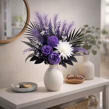 1 Bouquet Containing Night Purple Rose, Jade White Chrysanthemum, Smoky Purple Velvet Grass, Ink Black Long Leaf, Delicate Star Flower Branches, Dark Patterned Leaf Branches, Overall Purple-Black-White Cool-Toned Design With Rich Layers And Natural Aesthetics - Purple - View 6