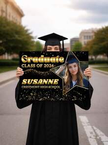 Customized Graduation Backdrop Fabric, Black & Gold Themed Printed Poster With Customizable Class Name. 2026 Graduation Banner - Black & Gold Background, Personalized Graduation Lawn Sign With Photo, Double-Sided Waterproof Sign, Graduation Party - Multicolor - View 3