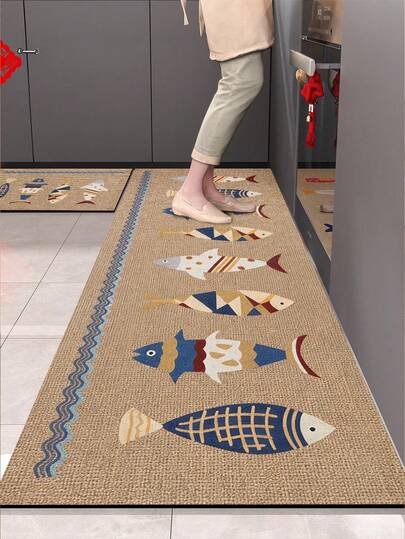 1 pieza Felpudo de cocina con diseño de pez animal marrón, estilo rústico, nórdico, minimalista, japonés Wabi-Sabi, moderno minimalista, crema, de lujo, adecuado para comedor, pasillo, baño, cocina, usado para fregadero, lavandería, decoración del hogar, primavera/verano, decoración navideña