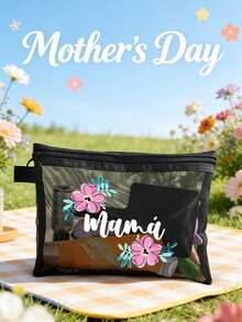 母親節主題網格包，印有「Mom」花卉設計，媽媽化妝包，母親節禮物，大容量女性旅行化妝包盥洗包，DIY收納包，可折疊便攜收納包，適合個人旅行化妝品收納 - 彩色 - 查看 6