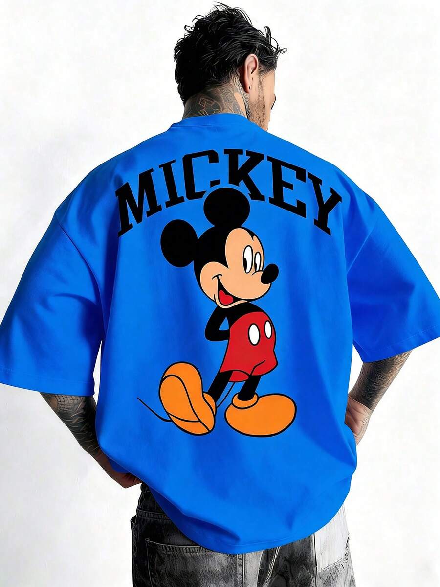 Disney Official Licensed Mickey Mouse Classic Big Letter Retro Print 220g Cotton Crew Neck Unisex Tee - 藍色 - 查看 1