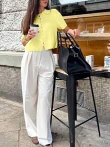 Round Neck Solid Color Pearl Button Short Sleeve Casual Versatile Knit Cardigan, Loose Fit, Suitable For Everyday Wear - Yellow - View 3