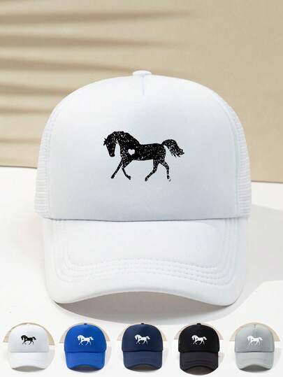 1pc Unisex Outdoor Casual Fashion Horse Print Adjustable Size Breathable Mesh White Soft Foam Net Baseball Cap, Versatile For Daily Wear, Fishing, Camping, Suitable For Spring/Summer