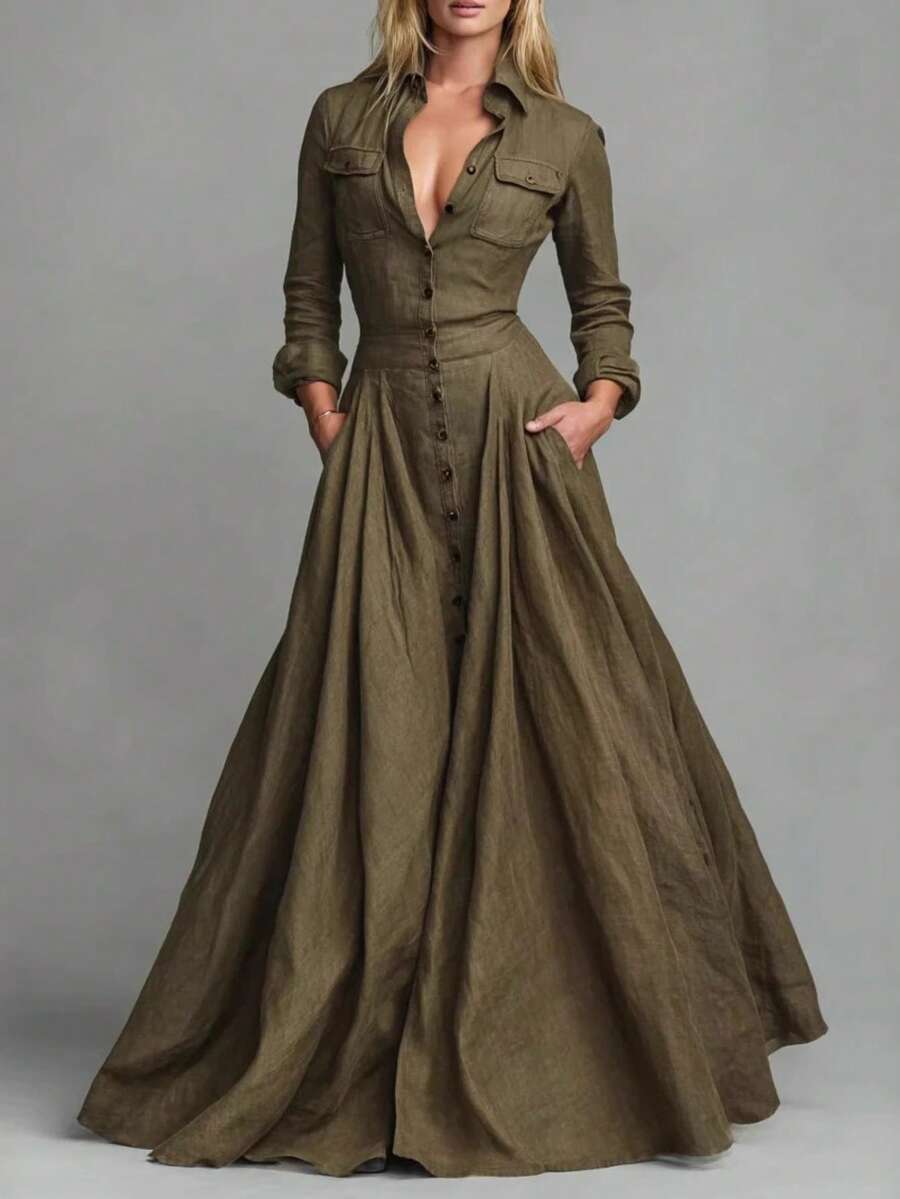 Vestidos Elegantes Para Fiesta Dress For Women Casual Long Sleeved Dress Shirt Dress Elegant Collared Button Down Maxi Dress, Linen Textured A-Line Dress With Pockets, Ideal For Office, Vacation & Casual Daily Wear - 軍綠色 - 查看 1