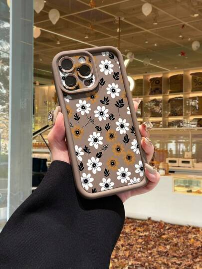 Compatible With IPhone 17/Apple 17 Pro/Apple 17 Pro Max/Apple Air/16/15/14/13, S25 Ultra/S24 Ultra/S23 Ultra/A07/A17, 1pc Fashionable Minimalist Floral Pattern Shockproof Anti-Fingerprint Brown Sandstone Lens Full Coverage Phone Case, New Arrival Hot Selling Versatile Daily Use Phone Protective Cover