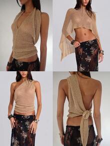 Damen Sommer Cover-Up Top, sexy halbtransparent einfarbig mit asymmetrischem Saum, 2026 Frühling/Sommer Neu, lässig, Strand, Date, Geburtstagsparty, Unabhängigkeitstag, Ostern, Sommer, sexy Strandmode Urlaub - Champagnerfarben - Übersicht 2