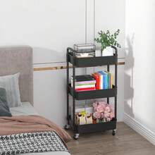Sywhitta 3-Tier Plastic Rolling Utility Cart With Handle, Multi-Functional Storage Trolley For Office, Living Room, Kitchen, Movable Storage Organizer With Wheels, Black - 黑色 - 查看 4