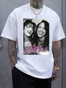Retrato artístico en tonos grises que expresa la conexión emocional entre dos personas mostrando un equilibrio entre fuerza y ternura con detalles en letras rosadas brillantes que transmiten energía y confianza camiseta de hombre moderna y cómoda ideal para uso diario o casual - Blanco - Ver 8