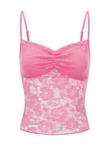 Women's Y2K Lace Floral Cami Tank Tops Spaghetti Strap Ruched Front Lace Patchwork Camisole Crop Tops Sexy Backless Sleeveless Slim Fit Vests Shirts Teen Girls Going Out Tops Aesthetic Clothes Club Streetwear - Hồng - Xem 4
