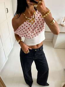 Marisole Women's New Style Sexy Dot Print Off Shoulder Asymmetrical Boat Neck Sleeveless Slim Fit Polka Crop Tank T Shirt, Y2K Streetwear Fashionable Casual Going Out Top, Spring Summer Fall - Multicolor - View 1