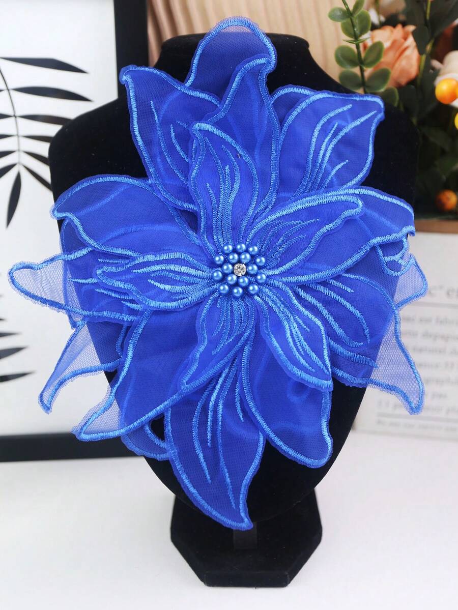 新款手工3D刺绣四层蕾丝,镶嵌水钻和珠子,宽度:23厘米,婚纱DIY刺绣配件 - 寶藍色 - 查看 1