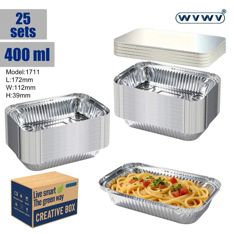 WVWV 25个400毫升加厚铝箔烤盘,带盖,适用于烘焙、蛋糕、加热、备餐和剩菜储存 - 耐热且可堆叠 - 是餐饮活动、家庭厨房、派对和节日的理想之选 - 25pcs - 查看 1
