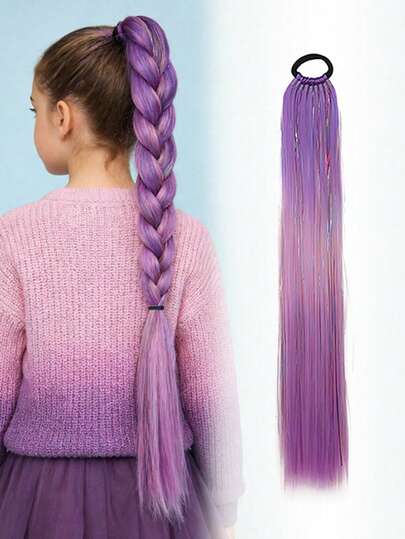 24英寸紫色编织假发，搭配长款八木直发耐热蓬松马尾发饰，适合女孩佩戴，也适合日常聚会和各种活动派对。
