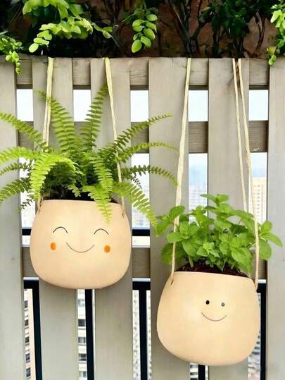 1pc Glossy Swinging Face Planter, Small Indoor/Outdoor Hanging Planter, Cute Hanging Peperomia/Succulent Planter, Happy Resin Succulent Planter