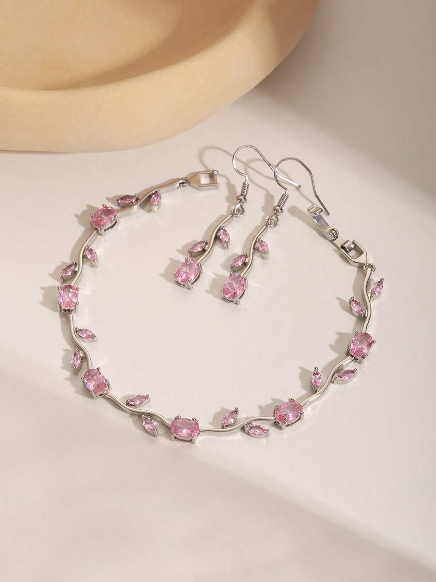 3件套时尚镀层不褪色高品质闪亮锆石网球手链和耳环套装，独特的花叶设计，多种颜色可选，适合女性日常、节日、新娘配饰，象征永恒的爱，母亲节、情人节、圣诞节礼物。