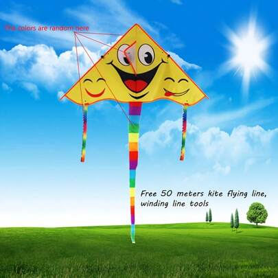 Blank Smiling Kite With Free Flying Rope - Durable Polyester Fiber, Mixed Colors, Perfect For Outdoor Fun, Edged, Kite + 50m Reel