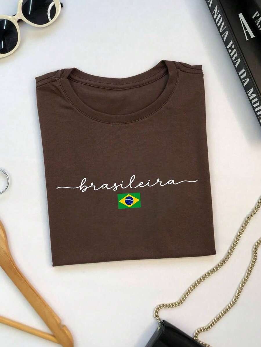 Brazilian Women's T-Shirt, Copa Brasil, 100% Cotton, Minimalist Print, Casual, Comfortable, Sizes S-XL - 棕色 - 查看 1