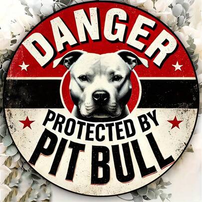 1pc 2D Flat Printed Metal Sign Plate, Vintage Style Warning For Pitbull Protection, Size 20.32X20.32cm. This Round Wall Decor With Vertical Layout And Retro Style Is Suitable For Home, Garage, Porch, Cafe. Pre-Drilled Holes As Shown In Size Chart