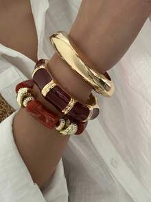 1 Set de Pulsera de Aleación de Color Maillard Combinada con Pulsera Asimétrica de Cuentas de Acrílico, Adecuada para el Uso Diario, Viajes y Combinación de Moda de las Mujeres - Multicolor - Ver 4