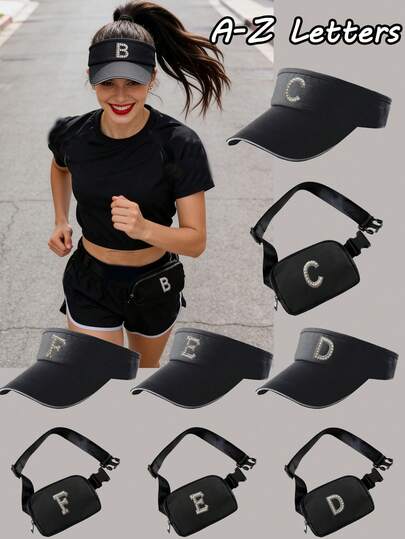 2-Piece Set A-Z Pearl Letter Women's Crossbody Bag & Empty Top Visor Hat Set, UV Protection Summer Visor Cap, Casual Shoulder Bag For Phone And Coins,New Y2K Style Set,Perfect For Summer Travel, Outdoor Sports & Fashion Accessories