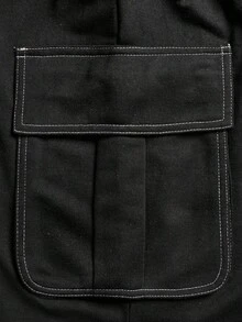 HEYKESON Men's Black Cargo Shorts With Contrast Stitching, Multiple Pockets, Drawstring Waist, Casual Street Style - Black - View 7