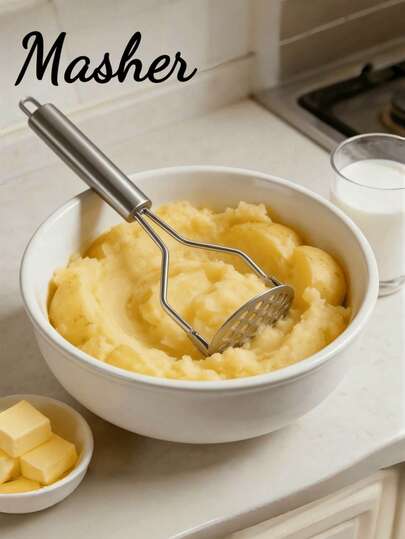 1pc Stainless Steel Manual Potato Masher, Durable Stainless Steel Potato Ricer, Multi-Functional Vegetable & Fruit Masher For Home, School, No Electricity Required, Ergonomic Non-Slip Handle - Suitable For Mashing Potatoes, Garlic, Baby Food