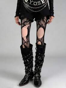 1双Y2K朋克哥特风渔网袜，不对称做旧设计，酒红色/黑色，朋克风性感过膝蕾丝袜 - 彩色 - 查看 2