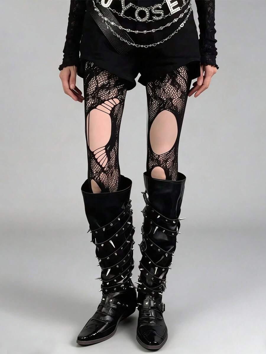1双Y2K朋克哥特风渔网袜，不对称做旧设计，酒红色/黑色，朋克风性感过膝蕾丝袜