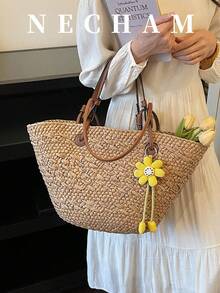 1 chiếc túi tote du lịch biển cỡ lớn có móc treo, kiểu dáng thường ngày, túi đeo vai tiện dụng cho kỳ nghỉ. - màu nâu - Xem 3