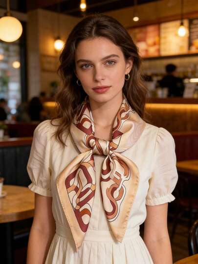 一款夏季复古几何印花方巾，适合日常佩戴、办公场合和度假穿着。