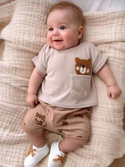 2件套婴幼儿男女通用休闲小熊刺绣华夫格纹短袖T恤和短裤套装，夏季