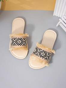 1 Pair Girls' Bohemian Frayed Woven Slide Sandals For Casual Summer Wear - Beige - View 4