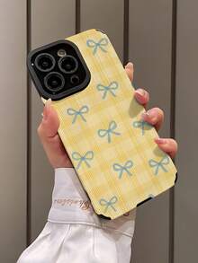 1pc Minimalist Yellow Plaid Bow Pattern Vertical Stripe Faux Leather Soft Protective Phone Case, Suitable As Gift For Friends And Lovers, Compatible With IPhone And 17/17AIR/17PRO/17PROMAX - Multicolor - View 3