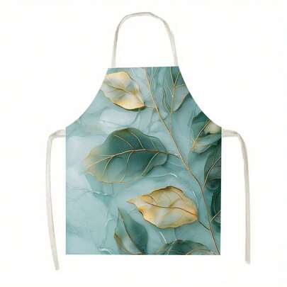 1件（浅蓝色围裙，金色叶子图案）+（围裙），适用于（厨房、客厅、餐厅、酒店、户外烧烤）等多种场合，（100%涤纶材质，可机洗，大号）厨房围裙