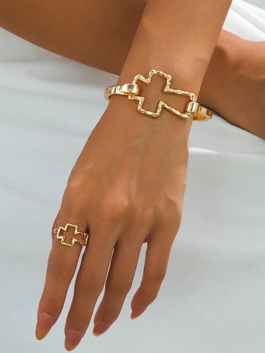 2pcs Versatile Metal Hollow Cross Bracelet & Ring Jewelry Set, Suitable For Daily Wear - Yellow Gold - View 1