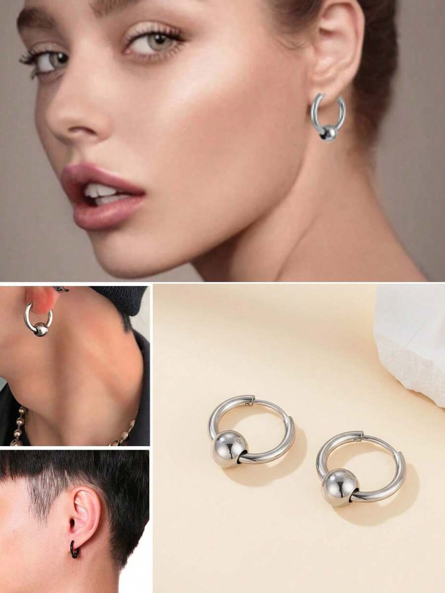 2只装男女通用不锈钢圈形耳环，钛钢朋克风耳环，不褪色人体穿刺饰品 - 銀色 - 查看 1