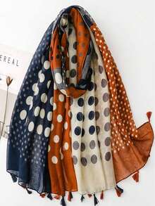 Women's Retro French Polka Dot Patchwork Contrast Color Scarf, Fringed Shawl Wrap, Versatile For Vacation - Rust - View 1