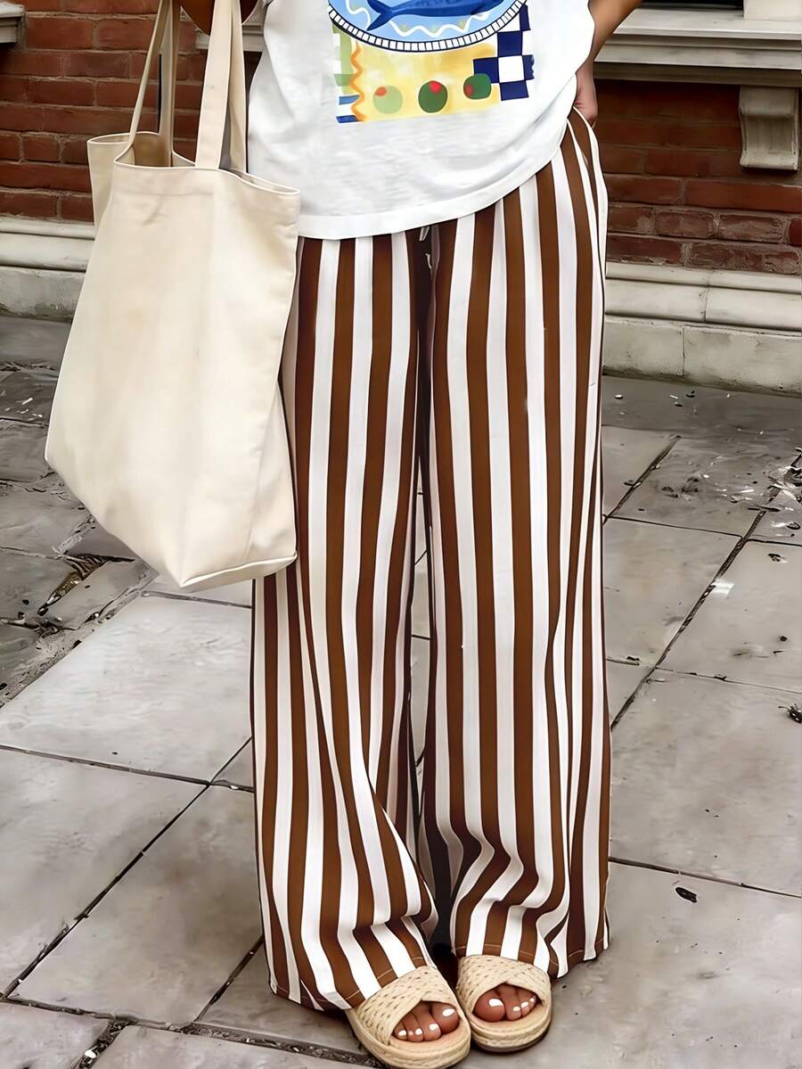 女款休閒條紋寬鬆長褲,優雅浪漫都市時尚度假波希米亞風,適合春夏秋季,棕色 - 棕色 - 查看 1
