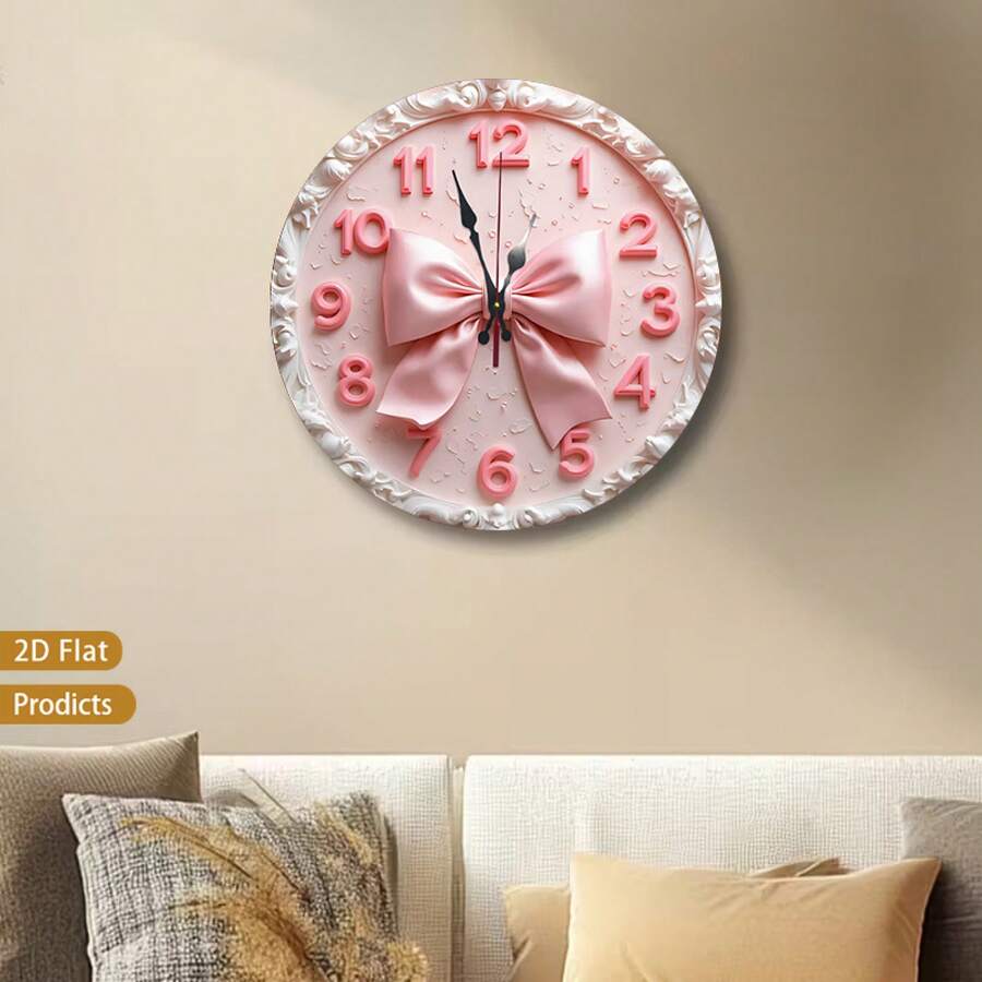 A 12-Inch 2D Flat Silent Wall Clock With A Pink Bow Pattern-Have For Girls! Suitable For Halloween Decor,Office Decor,Fall Home Decor,Christmas Decora - 彩色 - 查看 1