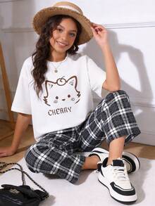 Girls' Summer Printed T-Shirt And Plaid Pants 2 Pieces Casual Set - Black - View 5