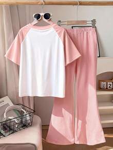This 2-Piece Set Includes A Cute Pink Leopard Print Heart Graphic Short Sleeve T-Shirt And A Flare Leg Pants, Very Suitable For Girls To Wear In Spring And Summer. This Is A Charming Top And Bottom Outfit Set Full Of Youthful Appeal. - Pink - View 6