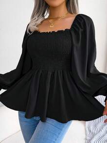 Long-Sleeved Chiffon Blouse With Ruffles And Square Neckline | Casual Style, New Spring/Summer Collection - 黑色 - 查看 9