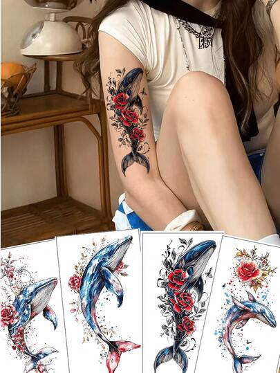 4 ورقات وشم مؤقت بتصميم الحوت الأزرق والوردة، مقاوم للماء وطويل الأمد، وشم واقعي للذراع للنساء
