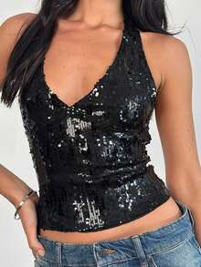 Women's Summer Solid Sequin Halter Deep V Neck Backless Slim Fit Tank Tops  Soft Top For Party  Date - Black - View 2