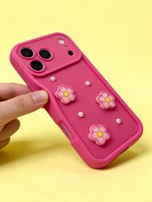 1pc Creative Pink Cute Triple Flower Layered Perforated Phone Case, Compatible With Apple 11/11 Pro Max/12/12 Pro/12 Pro Max/13/13 Pro/13 Pro Max/14/14 Plus/16 Pro Max/17 Pro Max, Galaxy S26 S25 S24 S23 S22 Ultra, 14C, Moto G Series, C55 - Hot Pink - View 3