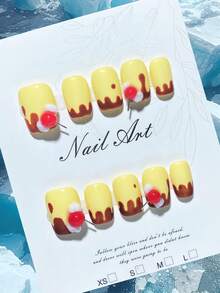 10片手工制作的按压式美甲贴片。方形美甲、可爱美甲、3D樱桃巧克力熔岩美甲、假指甲、黄色美甲、短款美甲，高品质，新款设计，可重复使用。适合日常佩戴或节日装扮，也是一份很棒的礼物。 - 黃色 - 查看 10