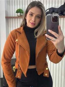 Suede Casual Jacket, Winter Warm Clothing - Camel - View 4