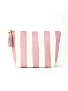 1pc Black & White Striped Canvas Cosmetic Bag, Contrast Zipper & Tassel Decor Toiletry Pouch, Minimalist Style Storage Bag, Suitable For Travel And Daily Skincare/Makeup Organization - Multicolor - View 11